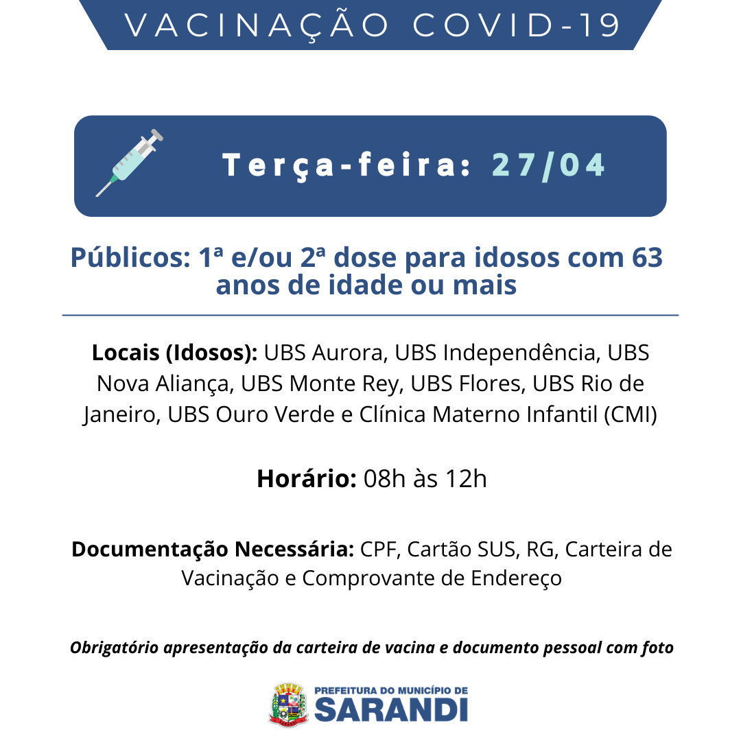 Cronograma de Vacinação contra Covid-19 - Terça-feira - 27/04/2021